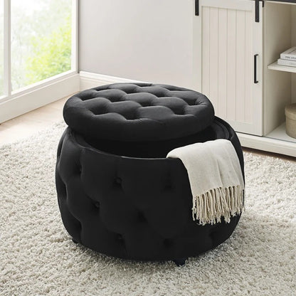Storage Ottomans: 28'' Wide Velvet Tufted Round Storage Ottoman with Storage