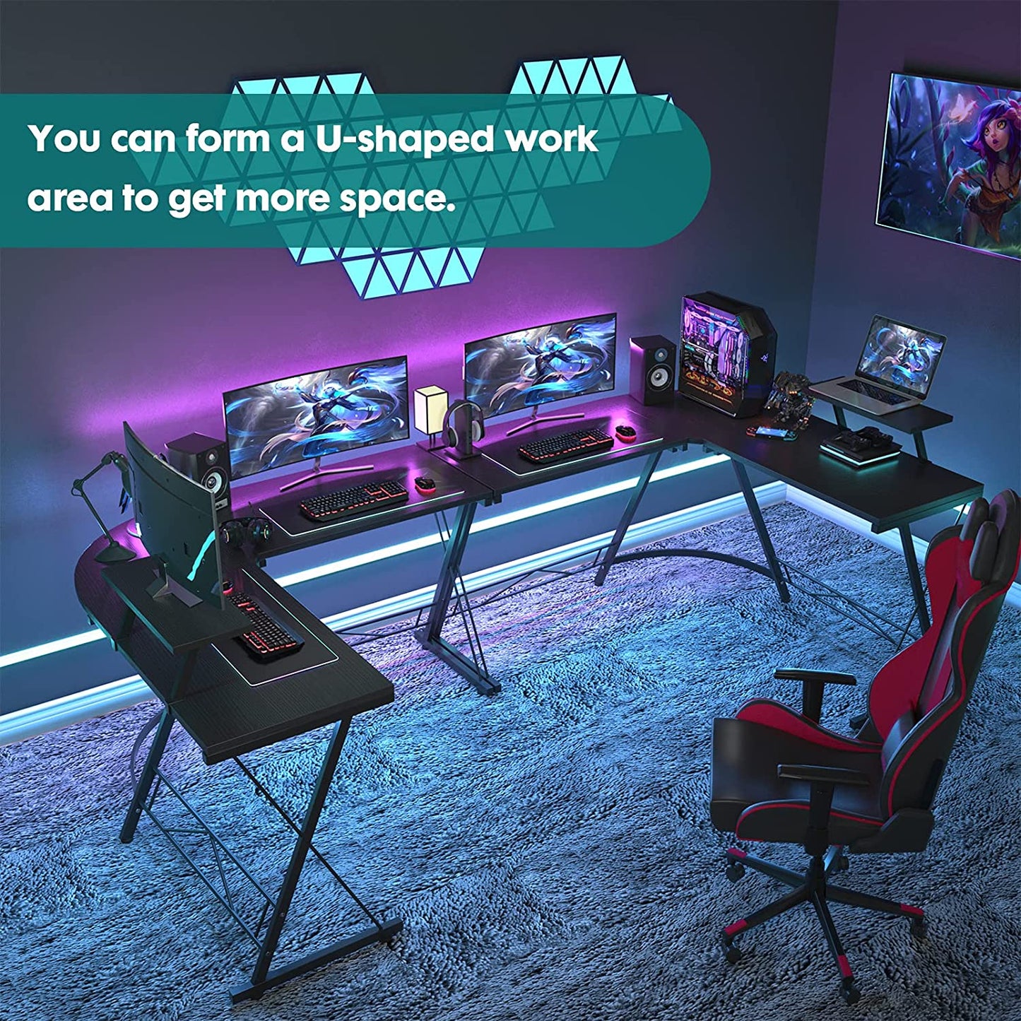 Study Table : Game Desk Home Office Desks  Round Corner, Black