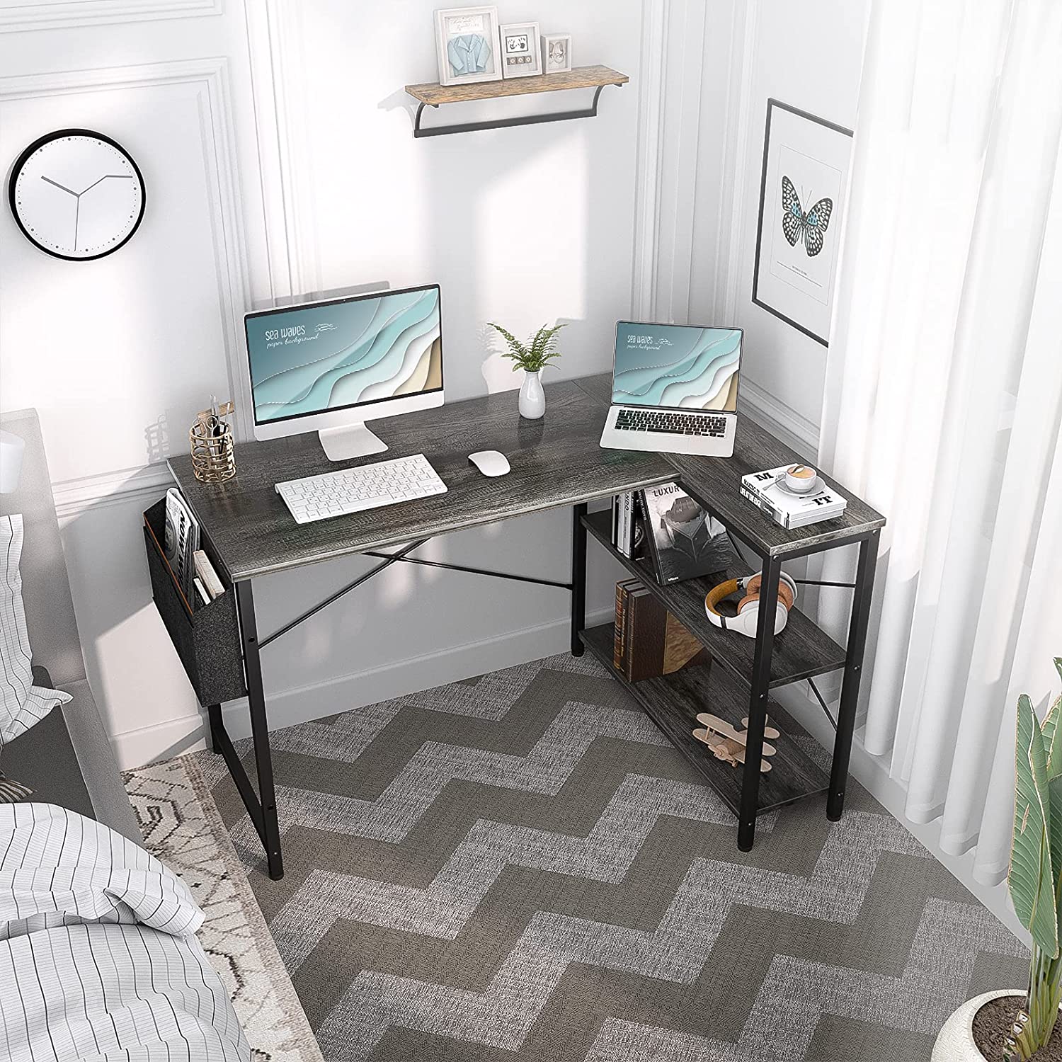 Study Table: L-Shaped Corner Desk with Reversible Storage Shelves 