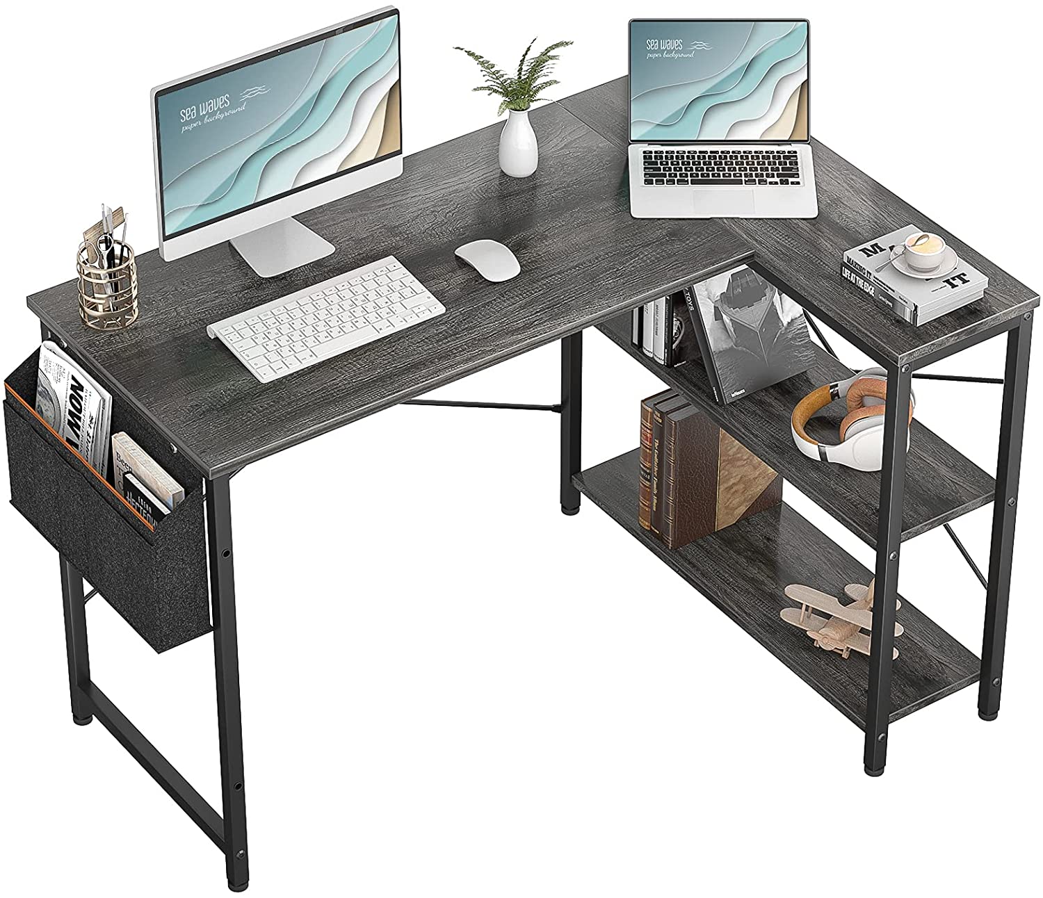 Study Table: L-Shaped Corner Desk with Reversible Storage Shelves 