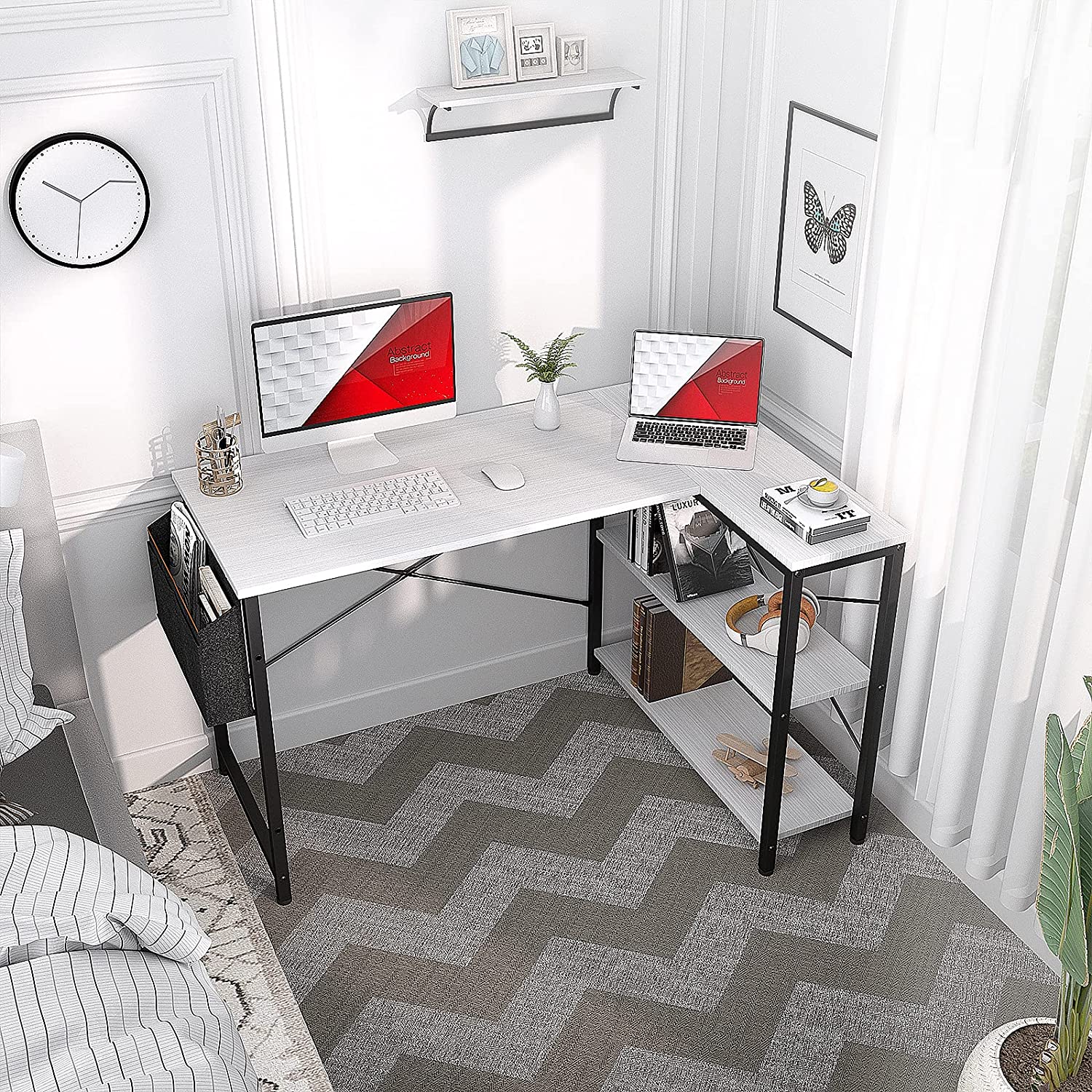 Study Table: L-Shaped Corner Desk with Reversible Storage Shelves 