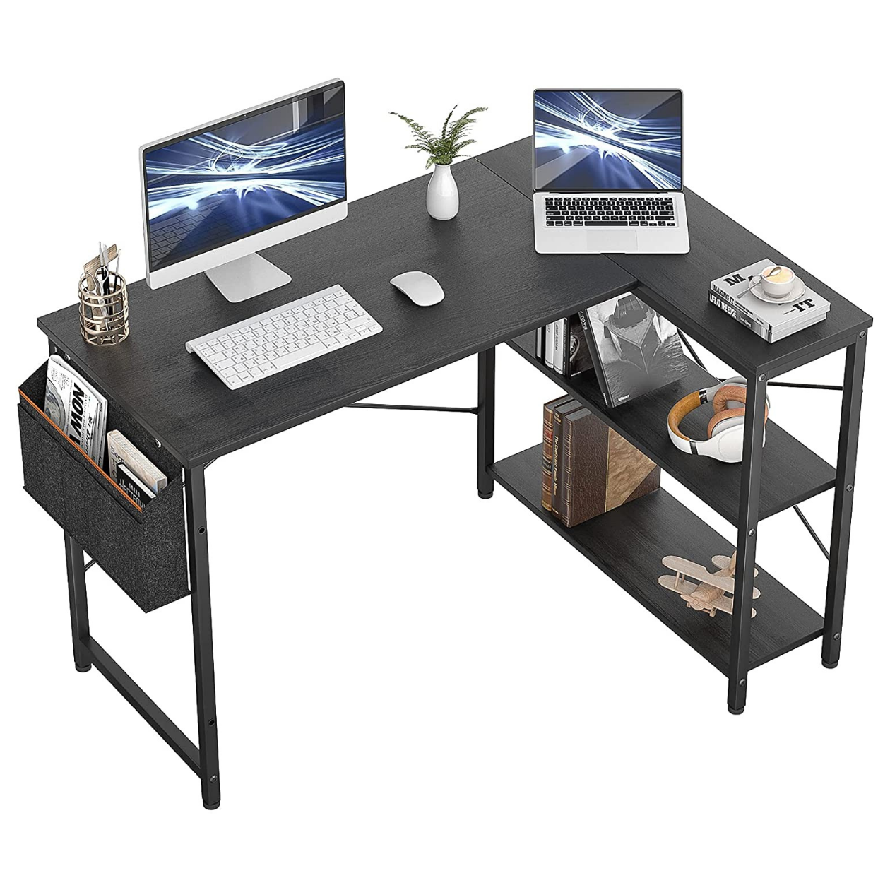 Study Table L-Shaped Desk with Reversible Storage Shelves