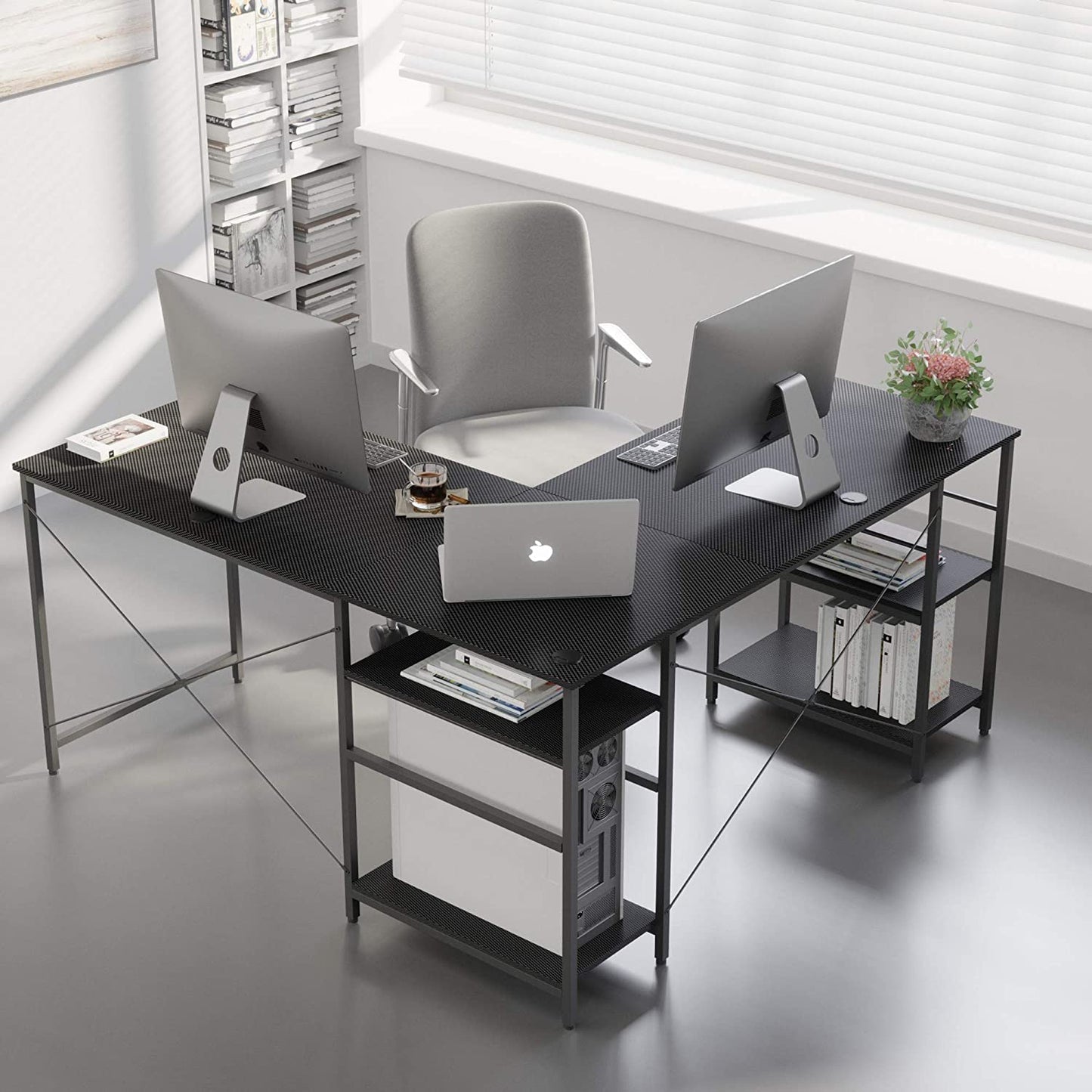Study Table: L Shaped Reversible Computer Desk with Shelves 