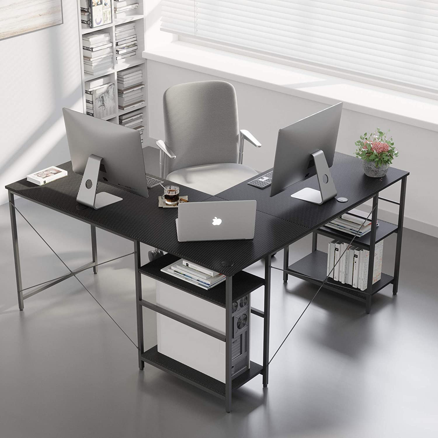 Study Table: L Shaped Reversible Computer Desk with Shelves 