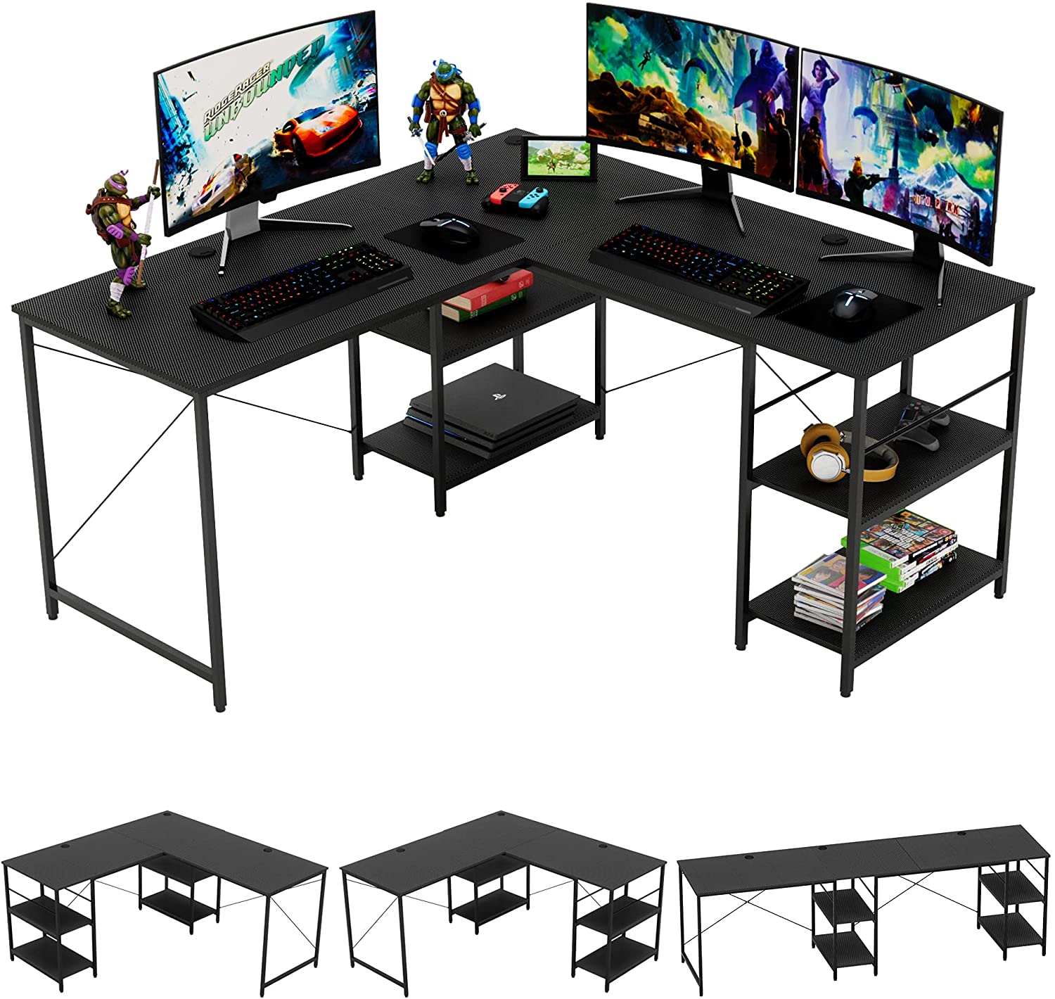 Study Table: L Shaped Reversible Computer Desk with Shelves 