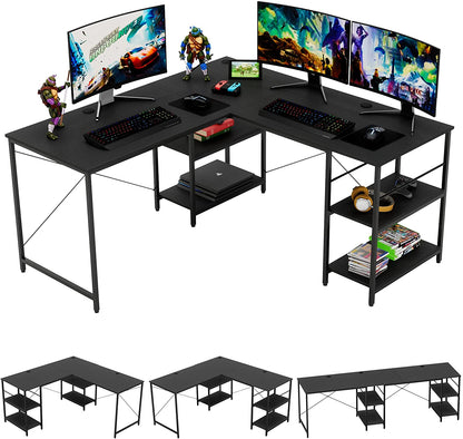 Study Table: L Shaped Reversible Computer Desk with Shelves 