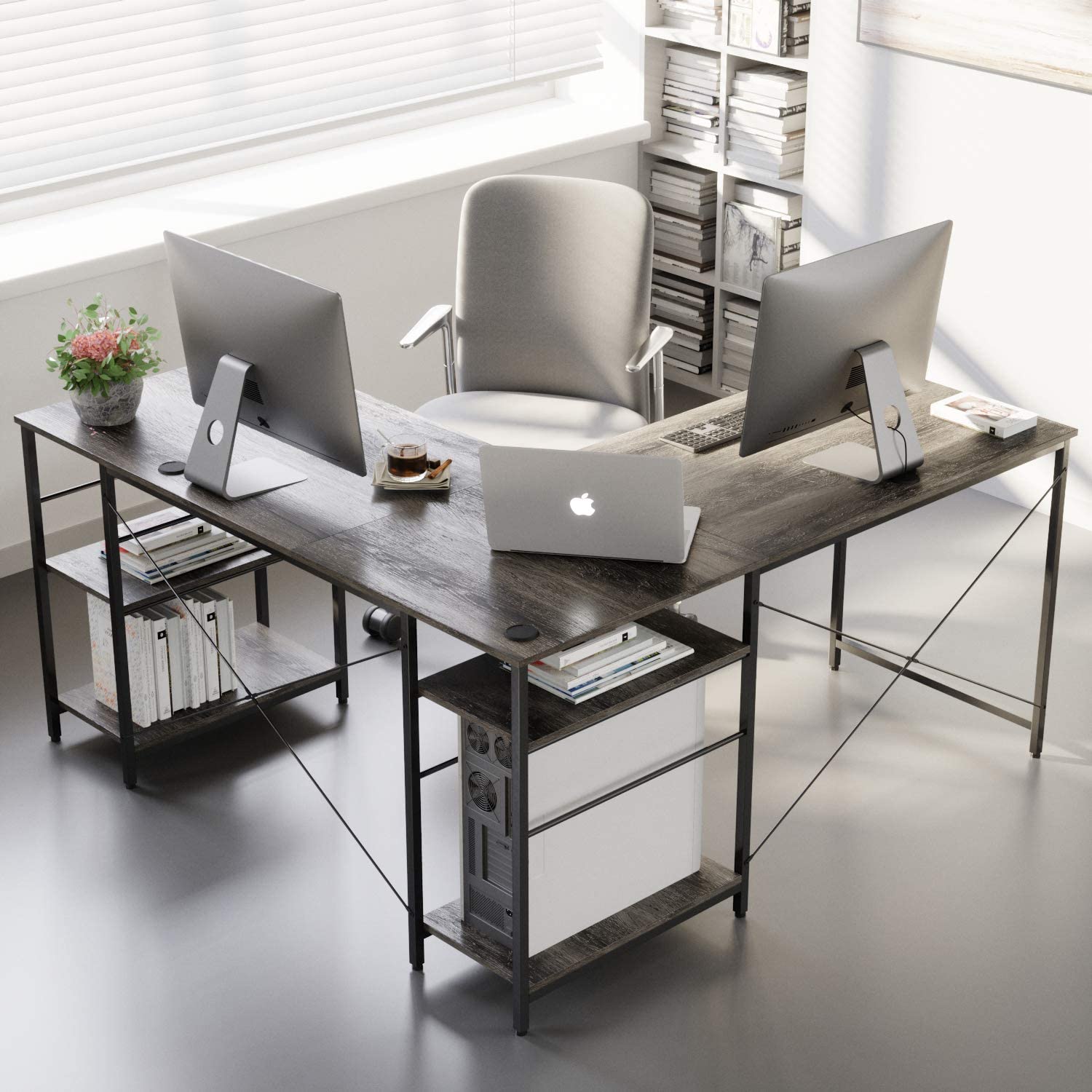 Study Table: L Shaped Reversible Computer Desk with Shelves 