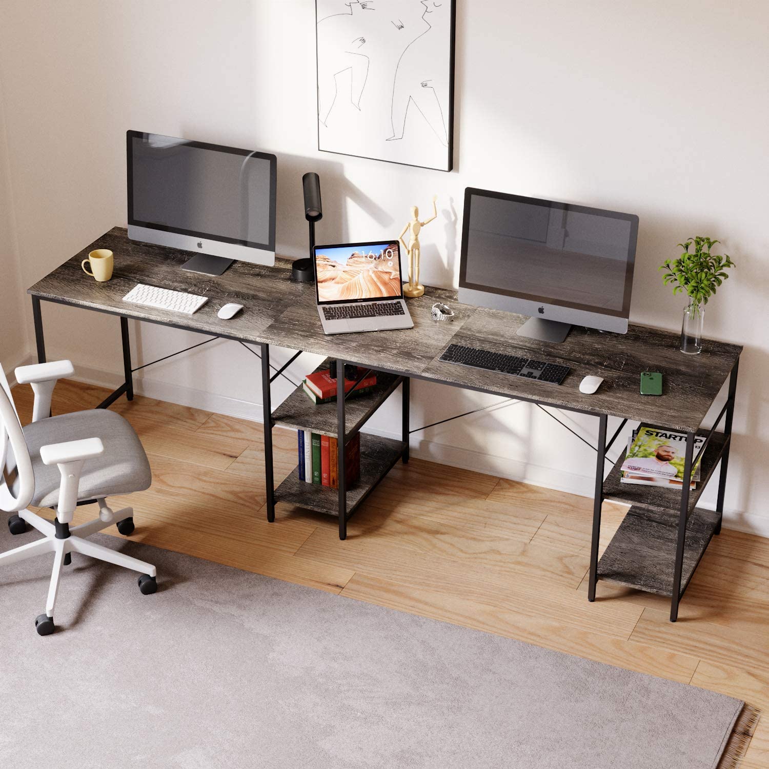 Study Table: L Shaped Reversible Computer Desk with Shelves 