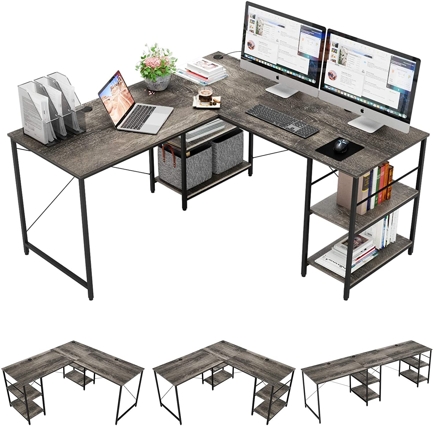 Study Table: L Shaped Reversible Computer Desk with Shelves 
