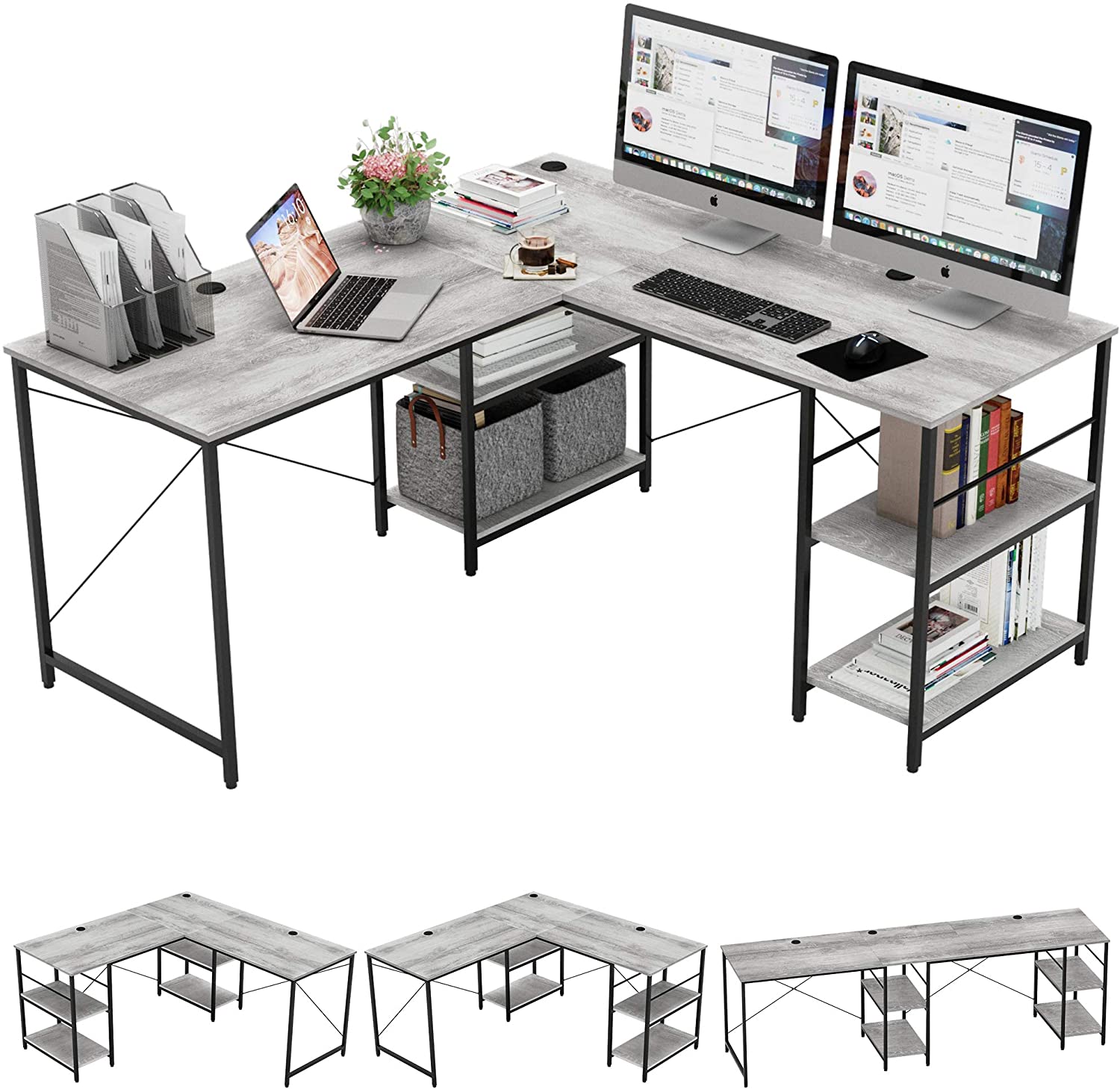 Study Table: L Shaped Reversible Computer Desk with Shelves 
