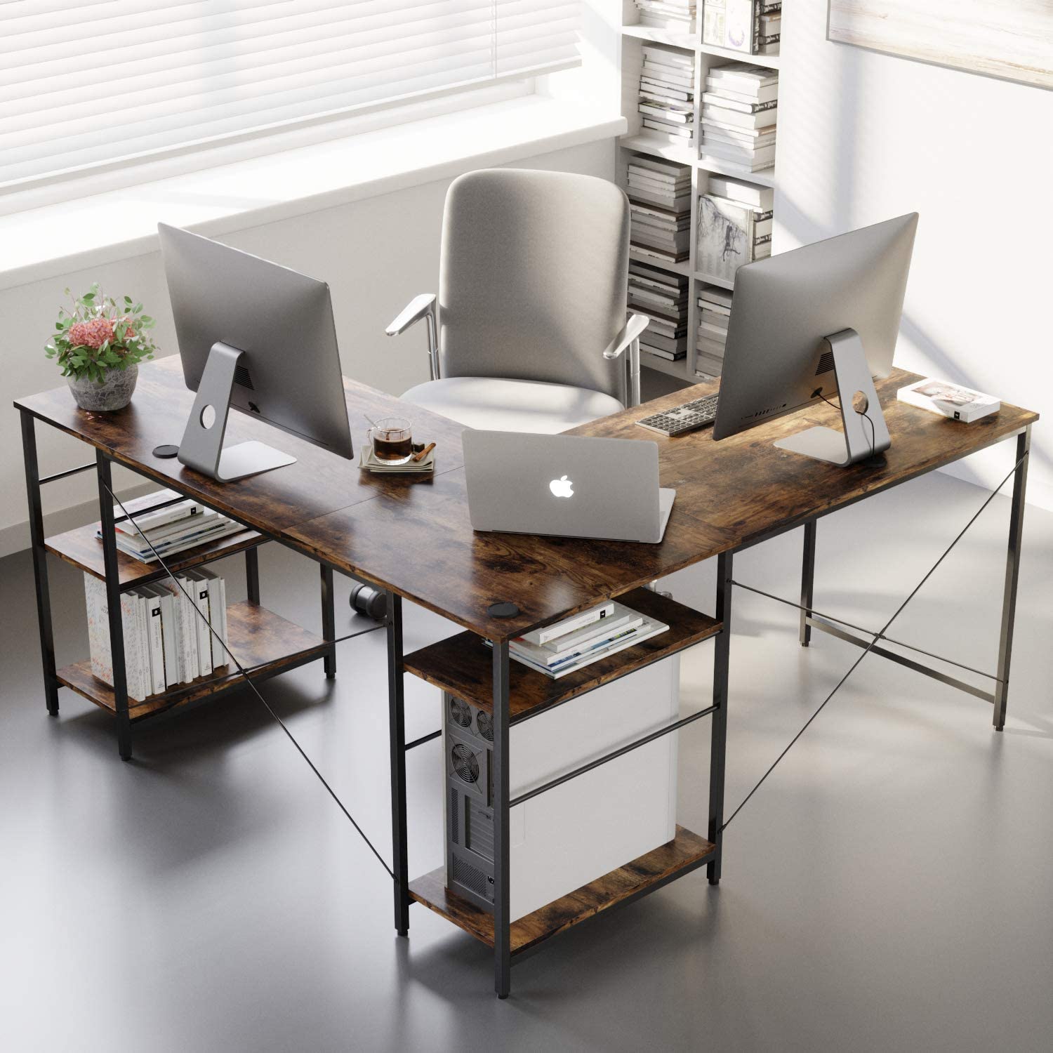 Study Table: L Shaped Reversible Computer Desk with Shelves 