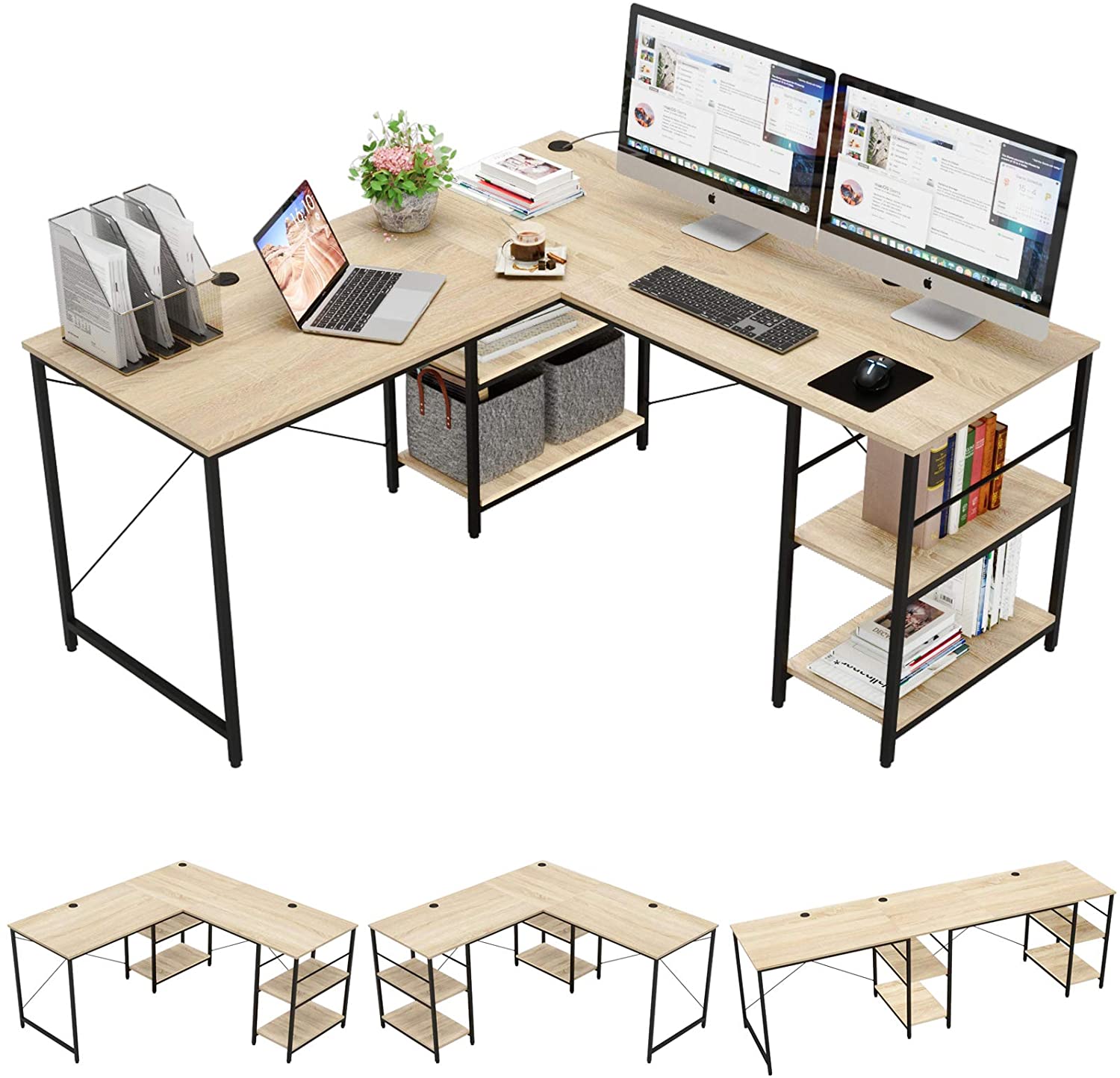 Study Table: L Shaped Reversible Computer Desk with Shelves 