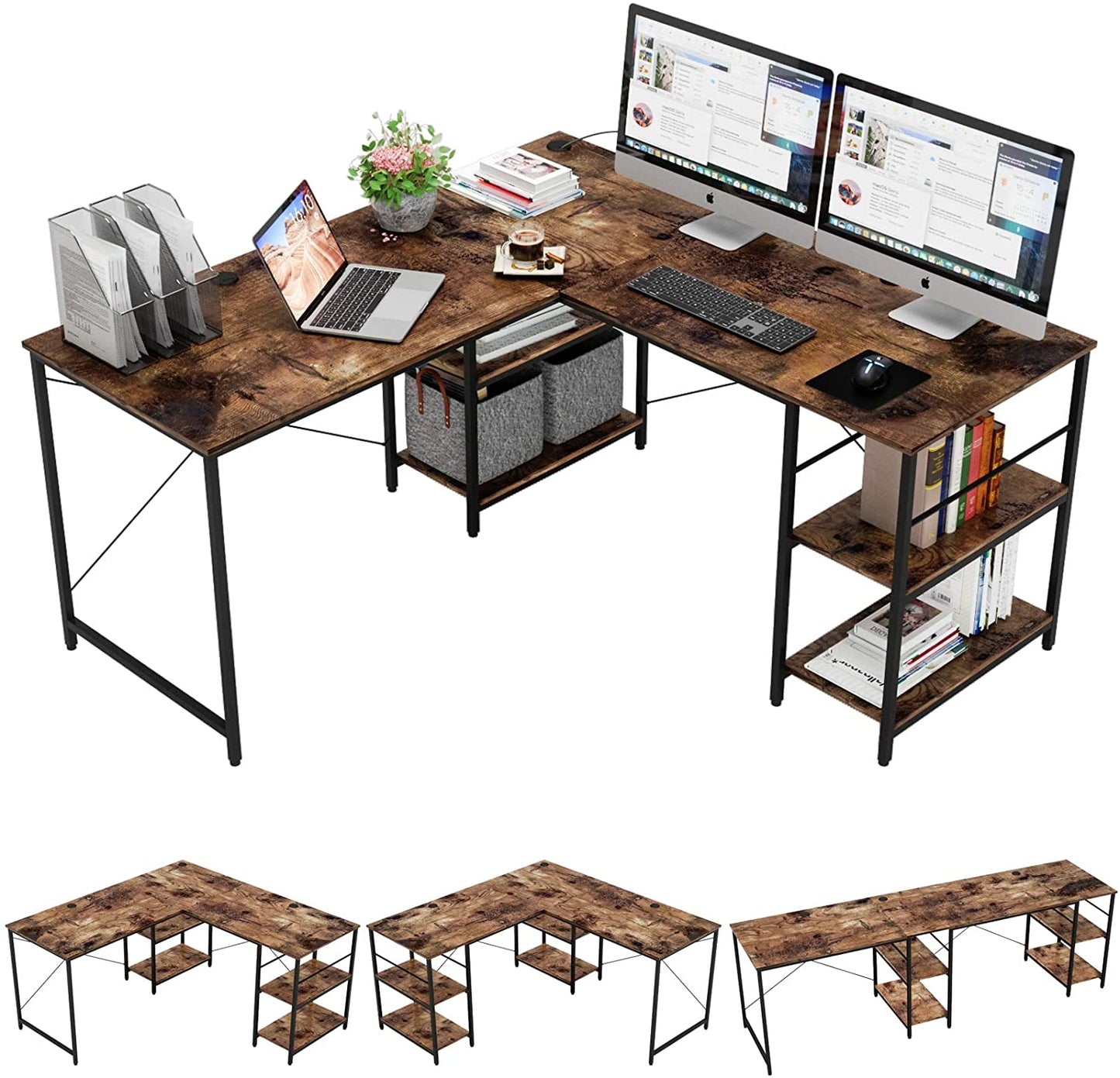 Study Table: L Shaped Reversible Computer Desk with Shelves 