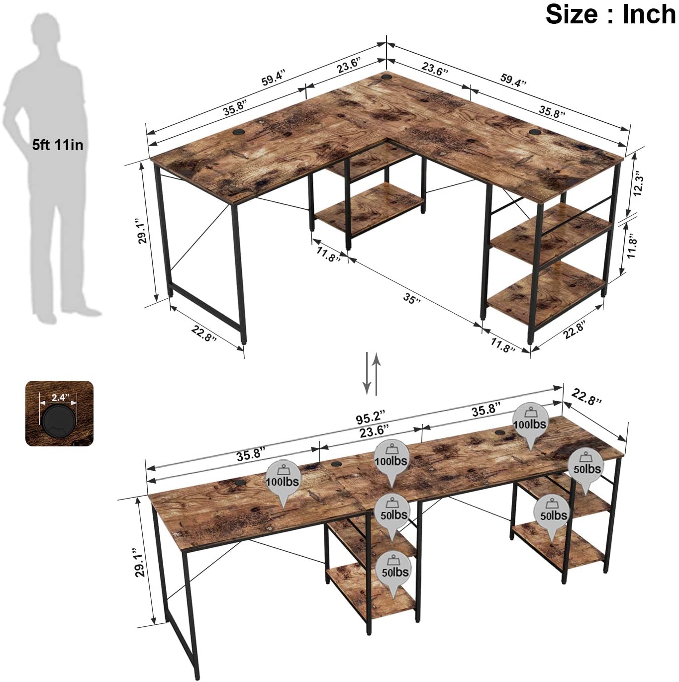 Study Table: L Shaped Reversible Computer Desk with Shelves 