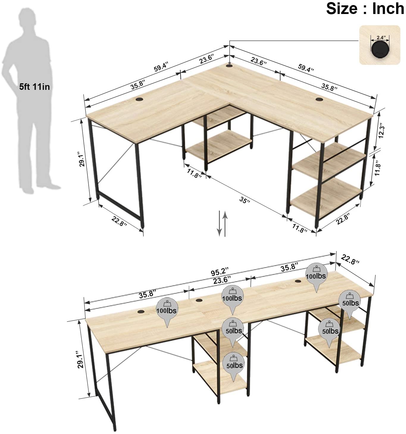 Study Table: L Shaped Reversible Computer Desk with Shelves 