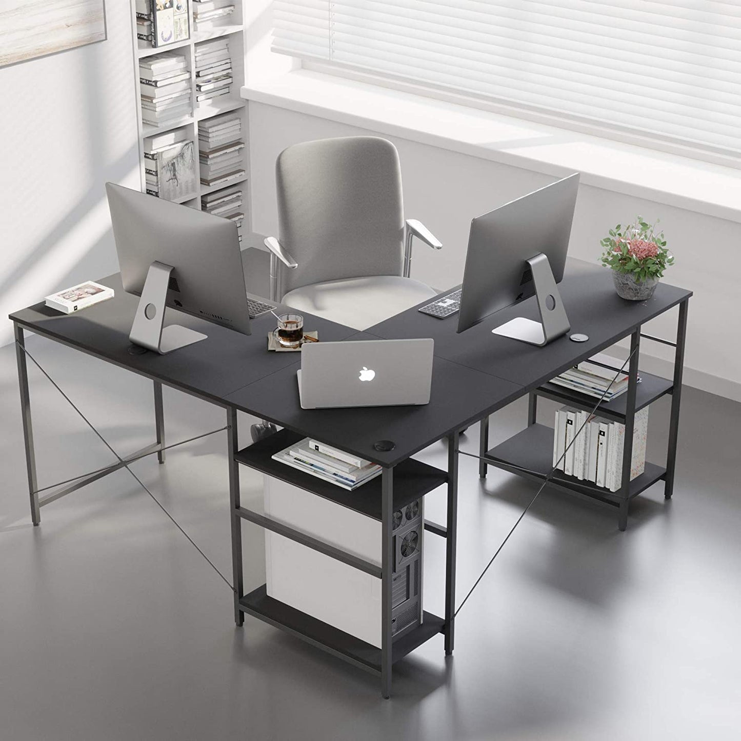 Study Table: L Shaped Reversible Computer Desk with Shelves 