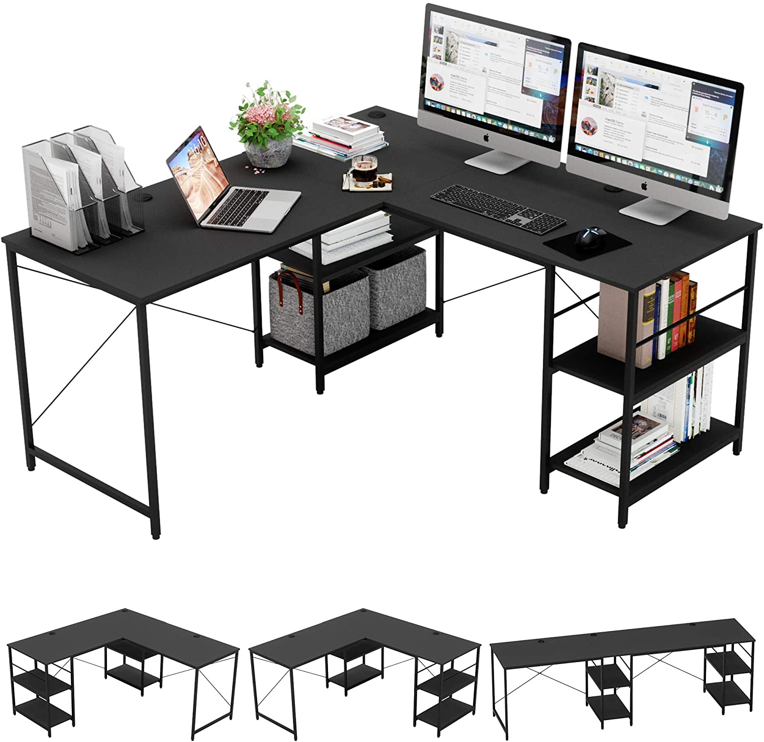 Study Table: L Shaped Reversible Computer Desk with Shelves 