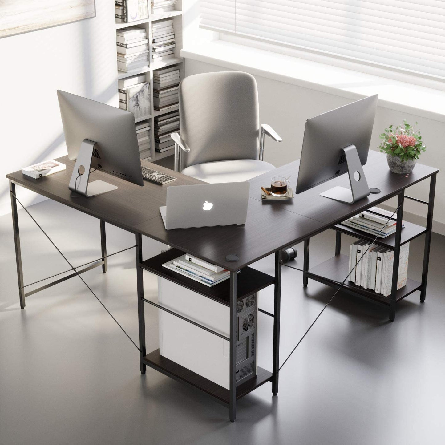 Study Table: L Shaped Reversible Computer Desk with Shelves 