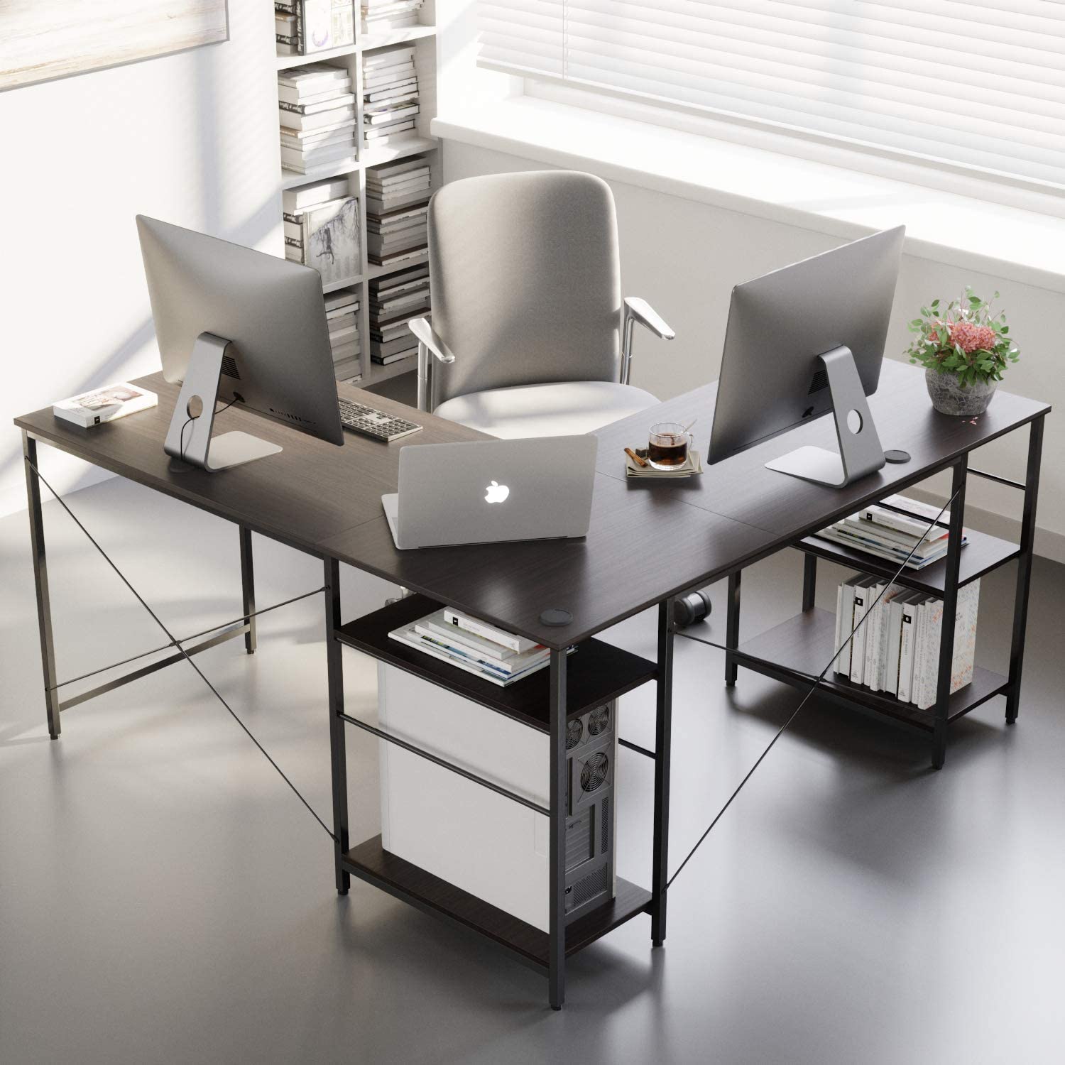 Study Table: L Shaped Reversible Computer Desk with Shelves 