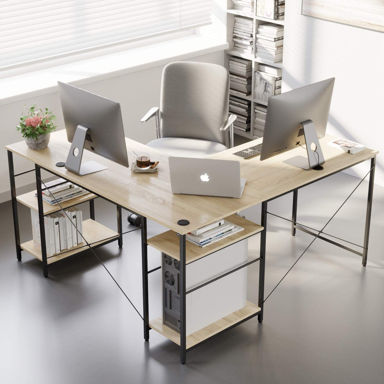 Study Table: L Shaped Reversible Computer Desk with Shelves 