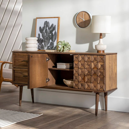 TV Console: 58'' Wide 2 Drawer Pine Solid Wood Sideboard