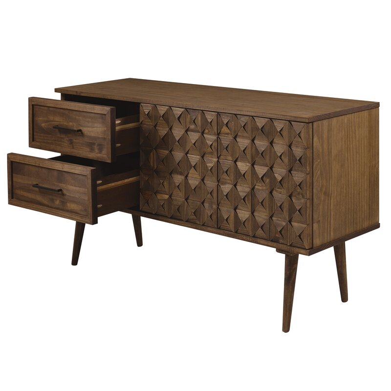TV Console: 58'' Wide 2 Drawer Pine Solid Wood Sideboard
