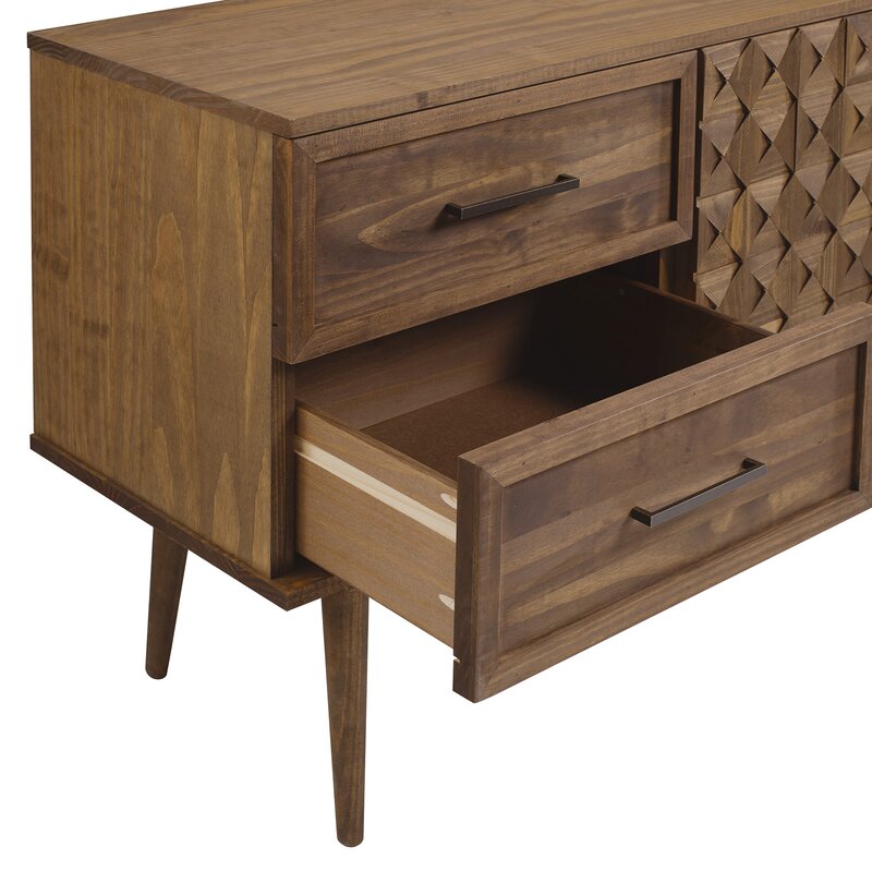 TV Console: 58'' Wide 2 Drawer Pine Solid Wood Sideboard