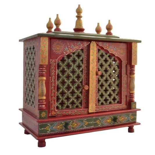 Temple: Rajasthani Ethnic Handcrafted Wooden Temple/Mandir/Pooja Ghar/Mandapam Size: Outer 18x9x22 Inch and Inner: 16x8x10.5 Inch Wide x Deep x High KI-085