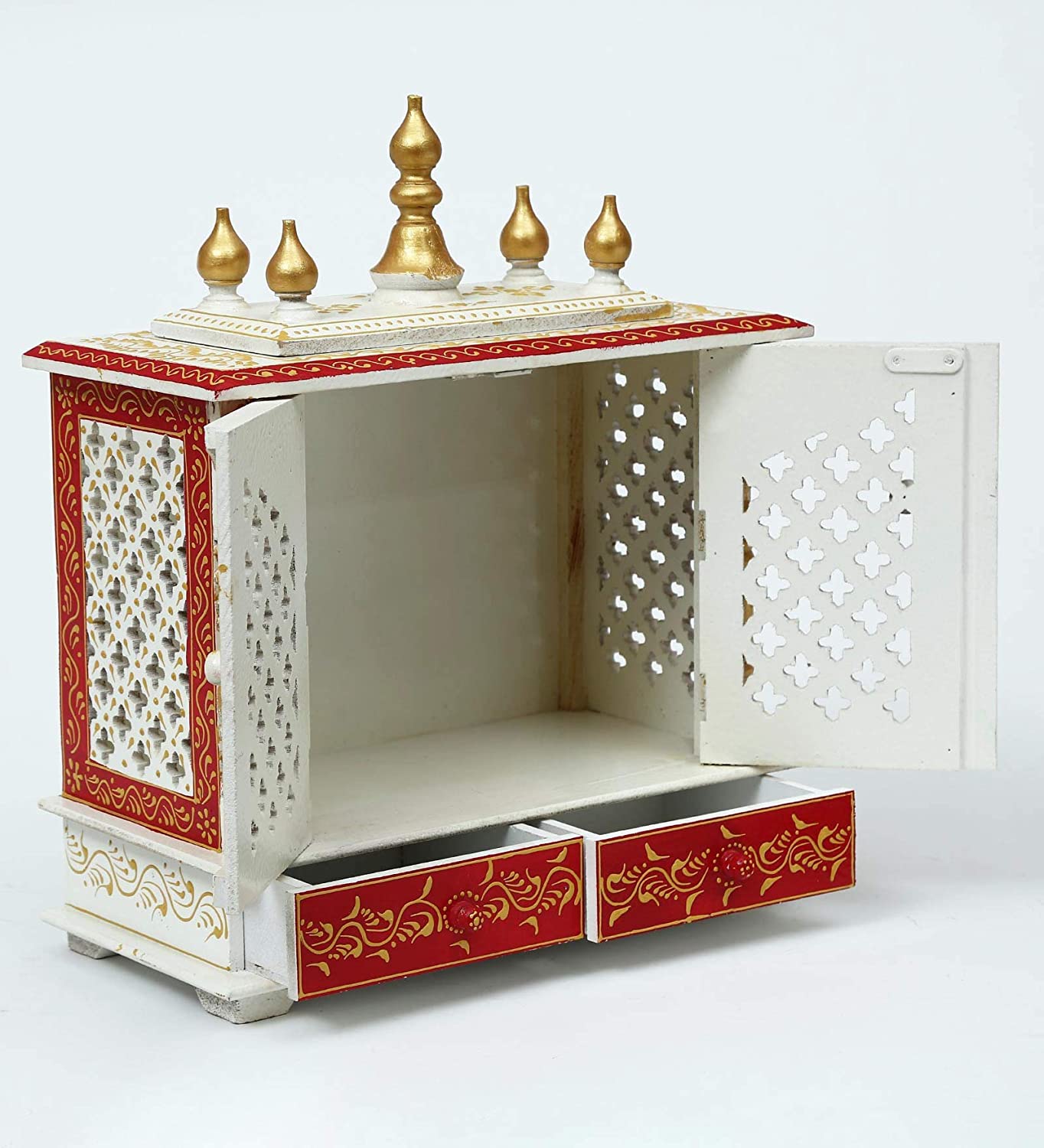 Temple: Rajasthani Ethnic Handcrafted Wooden Temple/Mandir/Pooja Ghar/Mandapam Jali Gate White Red Painting 18x9x21 inch