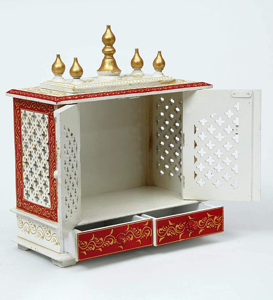 Temple: Rajasthani Ethnic Handcrafted Wooden Temple/Mandir/Pooja Ghar/Mandapam Jali Gate White Red Painting 18x9x21 inch