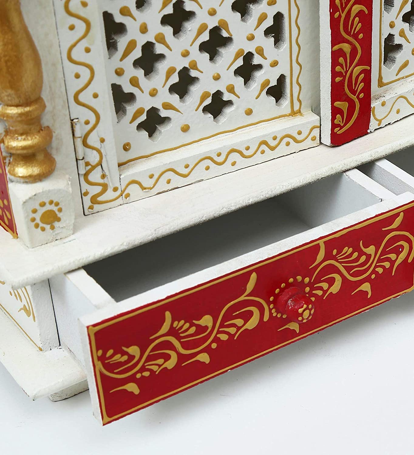 Temple: Rajasthani Ethnic Handcrafted Wooden Temple/Mandir/Pooja Ghar/Mandapam Jali Gate White Red Painting 18x9x21 inch