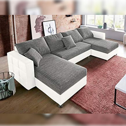U Shape Sofa Set- Half Leatherette Sofa Set (White and Grey)