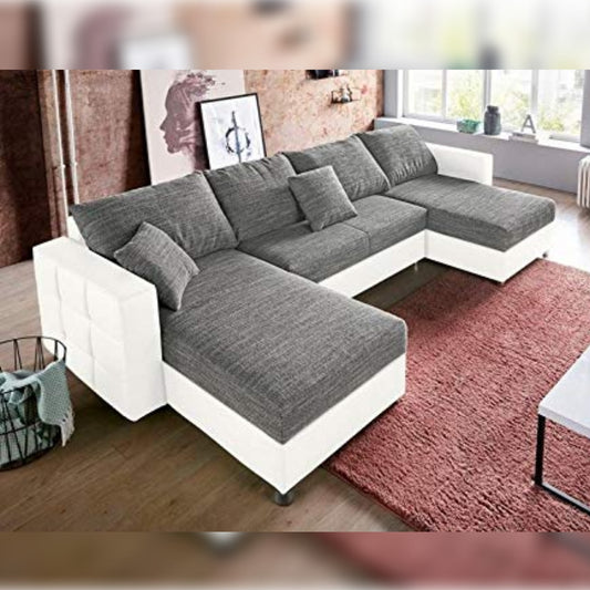 U Shape Sofa Set- Half Leatherette Sofa Set (White and Grey)