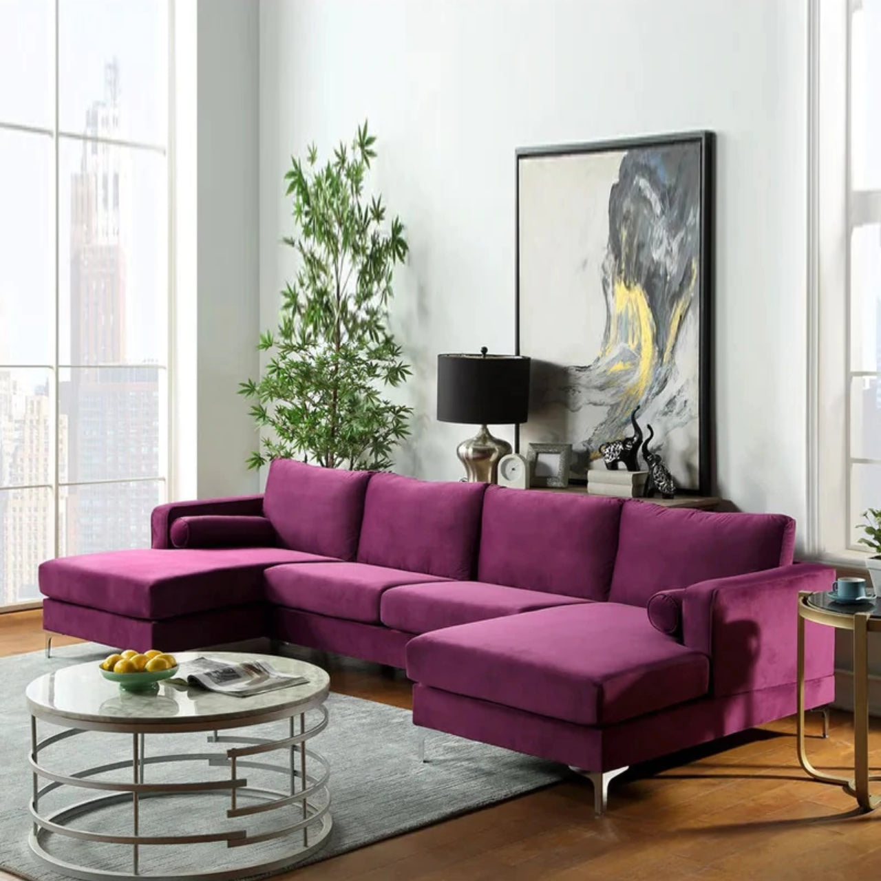U Shape Sofa Set 124 Wide Velvet Symmetrical 6 Seater Sofa