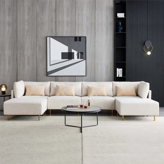 U Shape Sofa Set: 6 Seater Fabric Sectional Sofa Upholstered Couch 