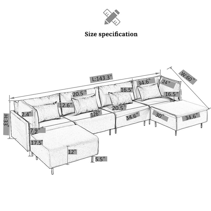 U Shape Sofa Set 6 Seater Fabric Sectional Sofa Upholstered Couch