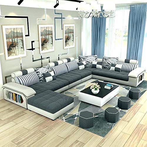 U Shape Sofa Set Fabric and Hardwood 9 Seater Sofa Set with 4-Puffies, Standard Size (White and Dark Grey)