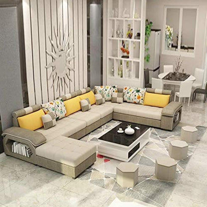 U Shape Sofa Set Hardwood, Fabric 9 Seater Sofa Set with 4-Puffy