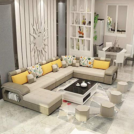 U Shape Sofa Set Hardwood, Fabric 9 Seater Sofa Set with 4-Puffy