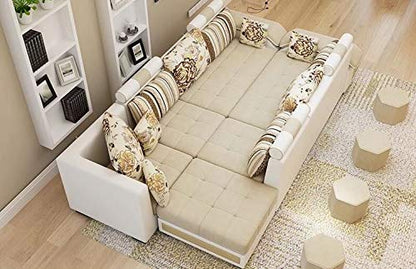 U Shape Sofa Set Hardwood and Fabric 9 Seater Sofa Set with 4-Puffies (Roland Beige and White)