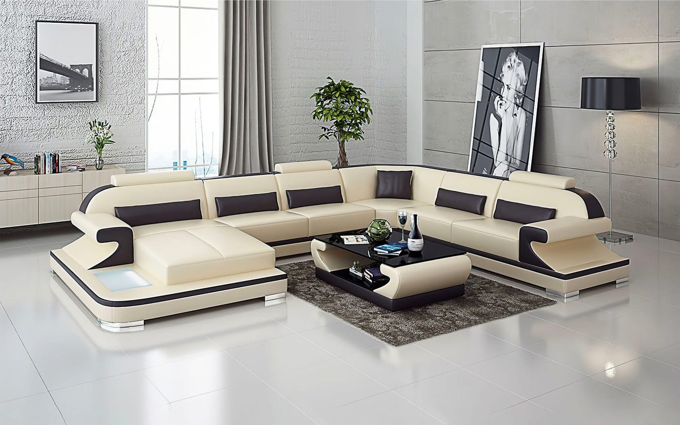 U Shape Sofa Set Leatherette and Hardwood