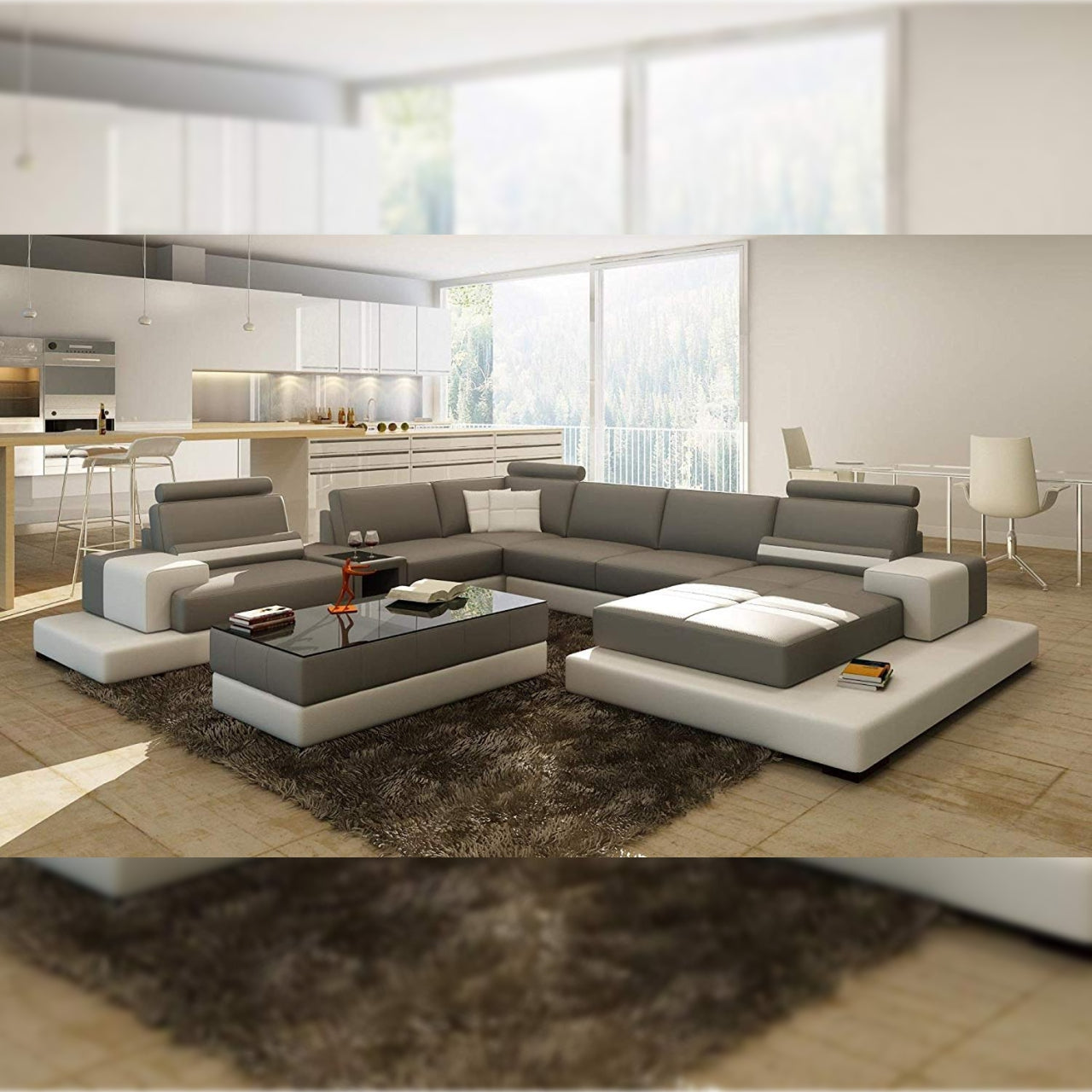 U Shape Sofa Set Modern Leatherette Sofa Set, (Walt Brown and Cream)