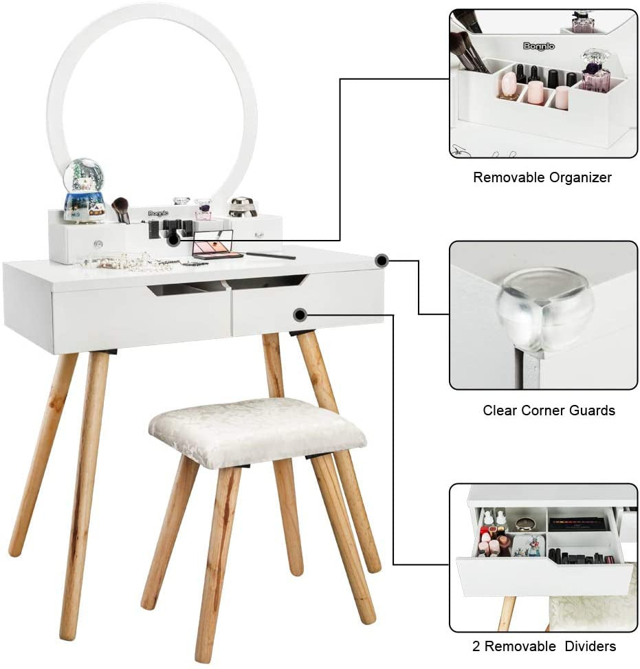 Vanity Dressing Table : Table Set with Round Mirror Dressing Table with Sliding Drawers & Cushioned Stool