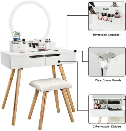 Vanity Dressing Table : Table Set with Round Mirror Dressing Table with Sliding Drawers & Cushioned Stool