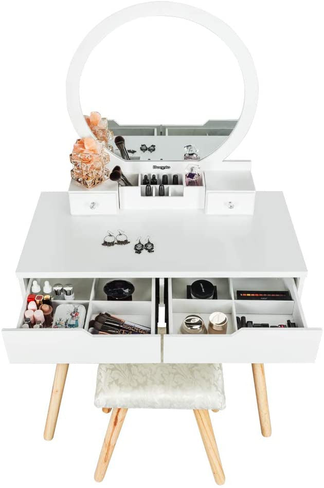 Vanity Dressing Table : Table Set with Round Mirror Dressing Table with Sliding Drawers & Cushioned Stool