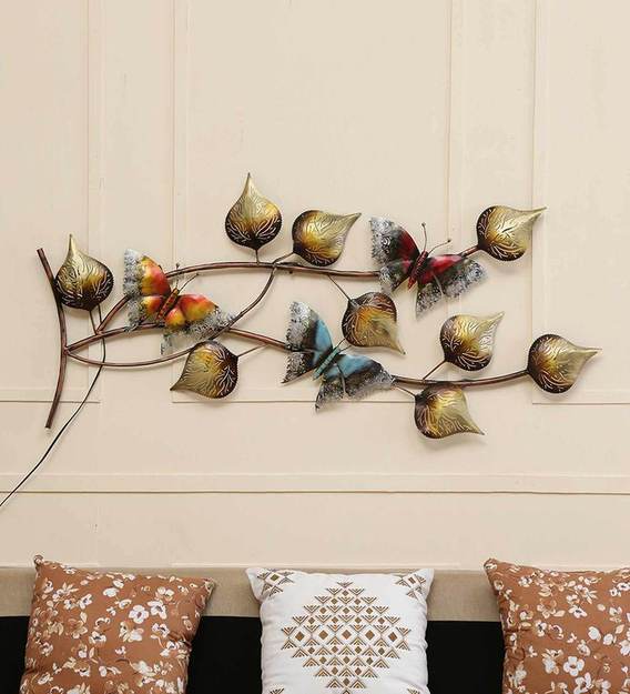 Wall Art: Iron Butterfly On Leaf Wall Art With LED In Brown