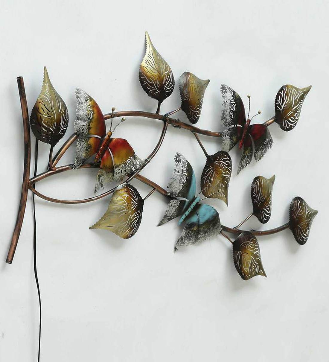 Wall Art: Iron Butterfly On Leaf Wall Art With LED In Brown