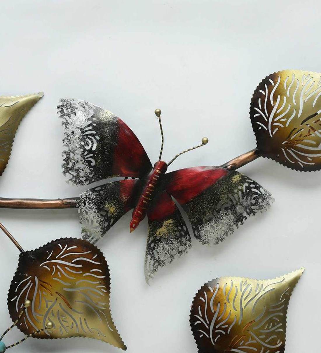 Wall Art: Iron Butterfly On Leaf Wall Art With LED In Brown