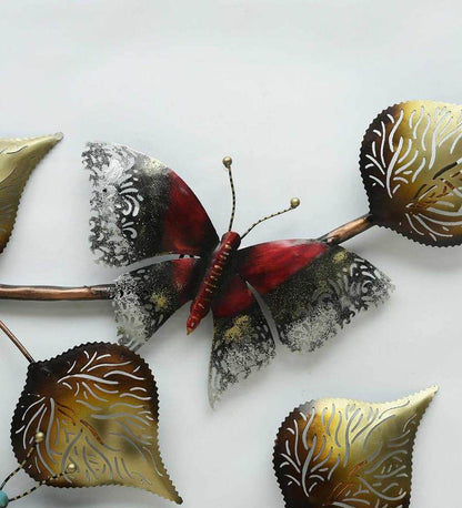 Wall Art: Iron Butterfly On Leaf Wall Art With LED In Brown