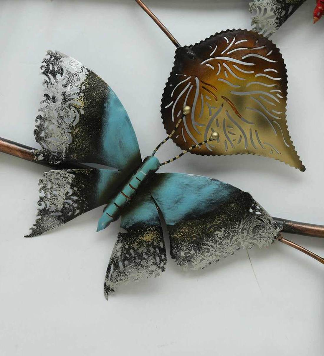 Wall Art: Iron Butterfly On Leaf Wall Art With LED In Brown